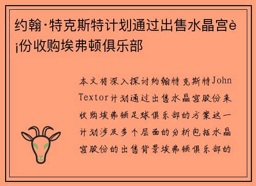 约翰·特克斯特计划通过出售水晶宫股份收购埃弗顿俱乐部